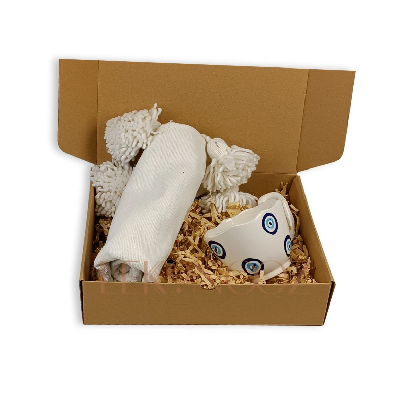 Moroccan Happiness Relaxation Gift Box, Handmade Ceramic Mug, Berber Pom Pom Pillows